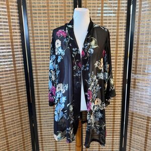 Helena Quinn Kimono Wrap Women OS Black Floral Georgette Sheer Cardigan Coverup